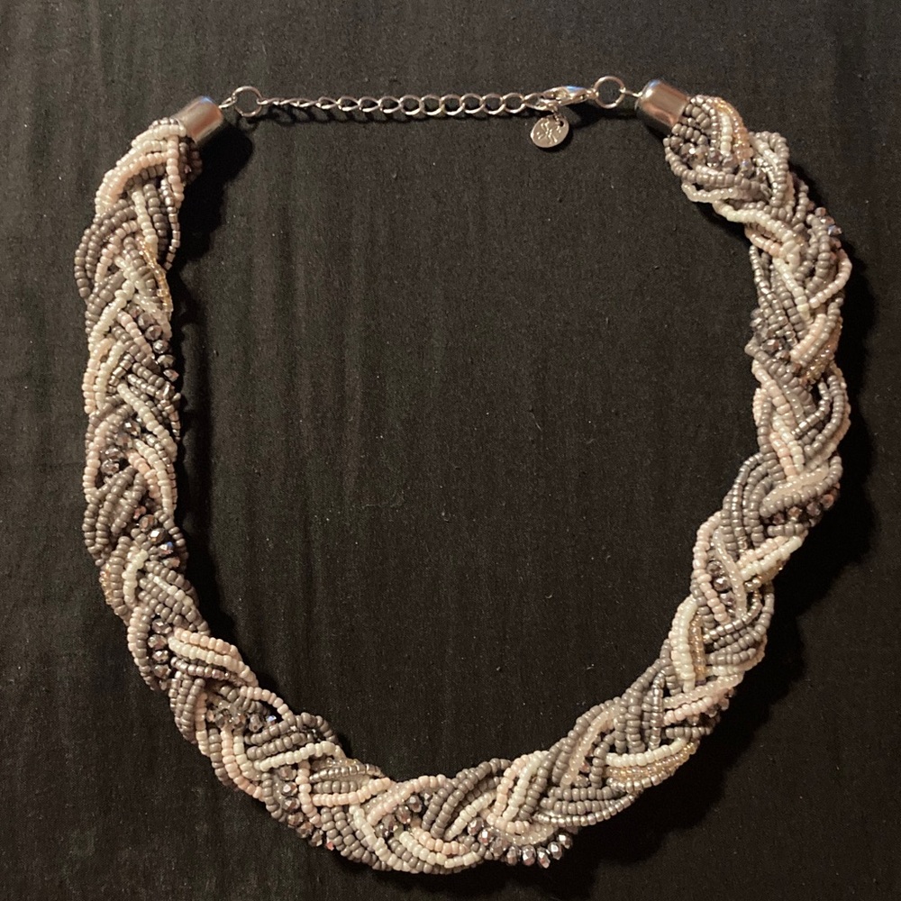 Elegant Braided Beaded Necklace - Silver and Cream